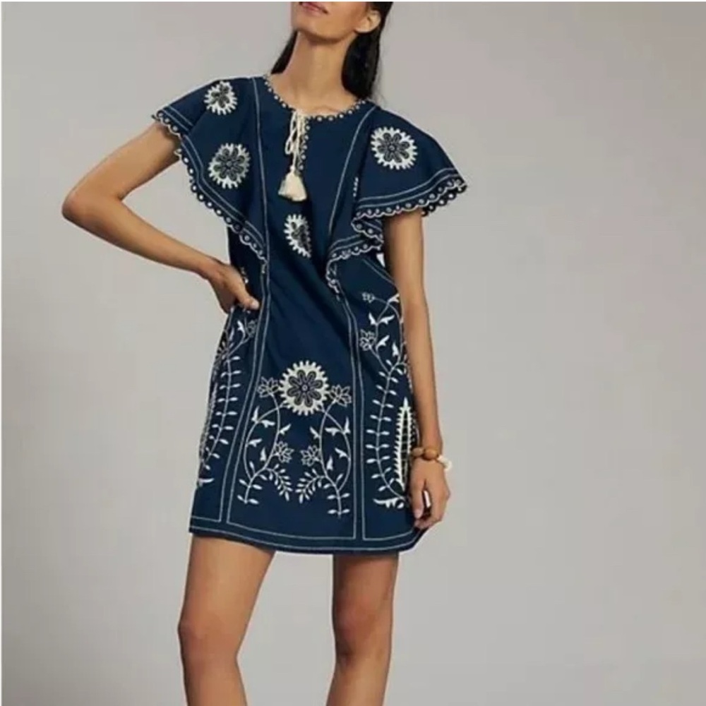 Anthropologie  Let Me Be, Blue and White Embroidered Tunic Dress, Sz Medium